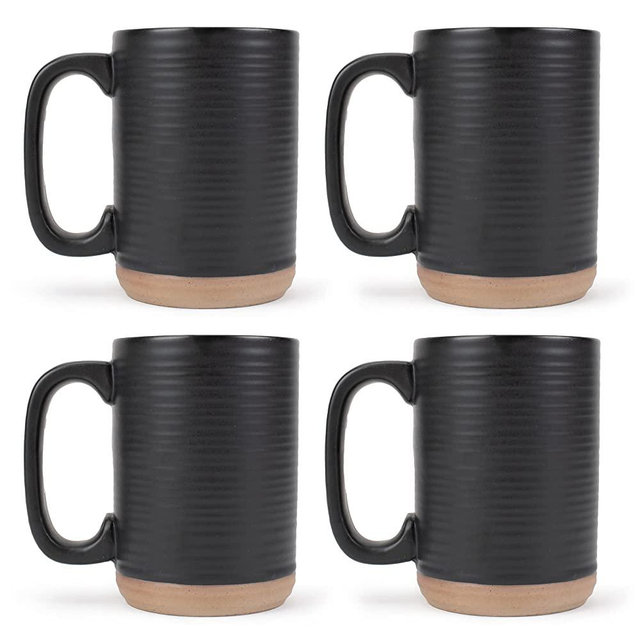 Elanze Designs Tall Ribbed Raw Clay Bottom Black 16 ounce Ceramic Coffee Mugs Set of 4