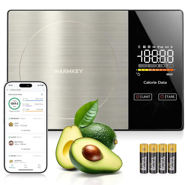 WARMKEY Smart Nutrition Food Scale - Digital Kitchen Scale with Nutritional Calculator App,Tare Function,Track Calories &19 Nutrients,11lb/5kg, Grams/Ounces,Stainless Steel for Weight Loss&Diet