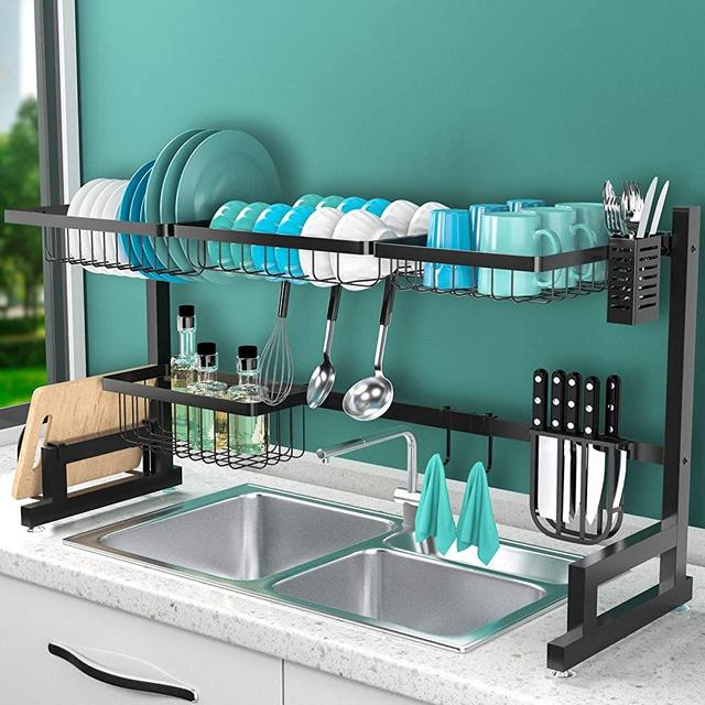 Over The Sink Dish Drying Rack, 2 Tier Adjustable (25.59"-37.40") Dish Rack Over Sink, Stainless Steel Large Dish Rack Drainer for Kitchen Counter Organization Space Saver Above Sink Drying Rack