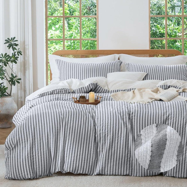 MILDLY Dark Grey Striped Duvet Cover - 100% Washed Cotton Jacquard Boho Textured Comforter Cover 3pcs with Corner Ties Zipper Closure 90"x90"