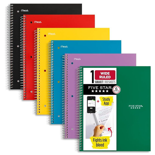 Five Star Spiral Notebook + Study App, 6 Pack, 1 Subject, Wide Ruled Paper, 8" x 10-1/2", 100 Sheets, Fights Ink Bleed, Water Resistant Cover, Assorted Colors (38042)