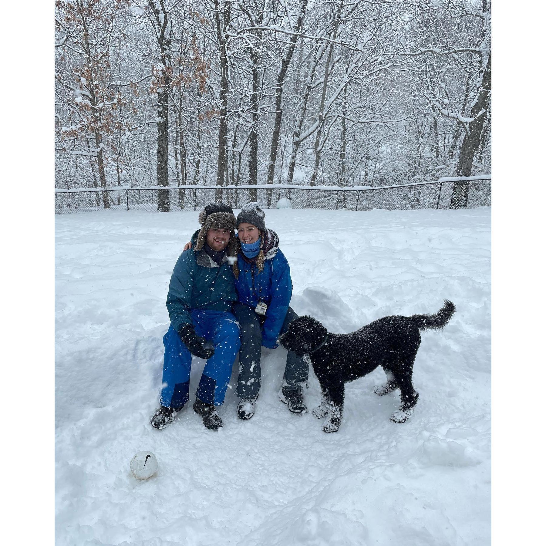 Enjoying the Snow in New Jersey after our cross-country drive with Phinney , 2021