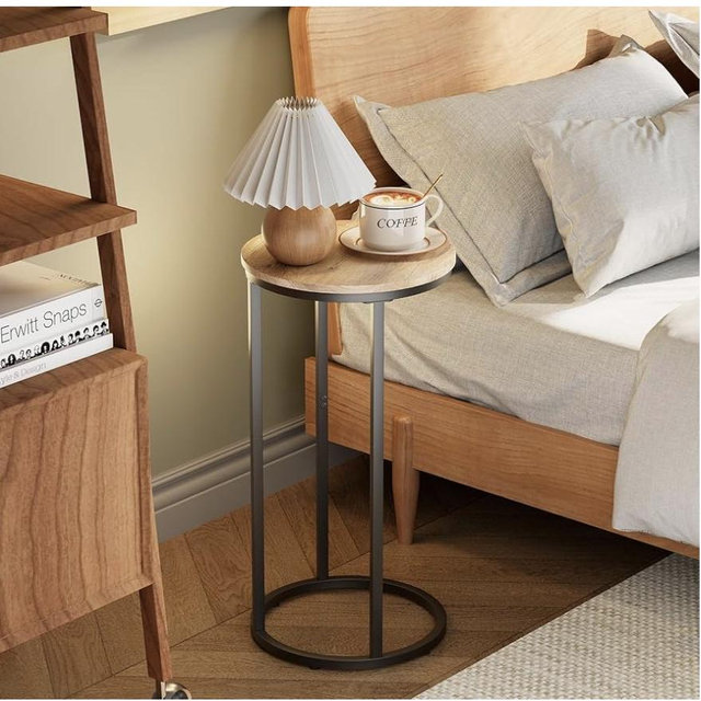 C Shaped end Table, Round Side Table for Couch, Small Snack Sofa Table with Metal Frame for TV Tray, Bedroom, Living Room, Bedside (Oak)