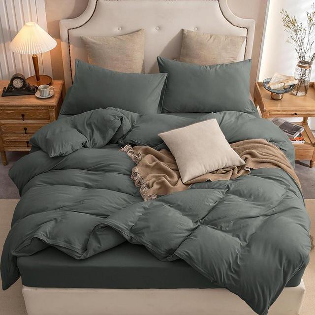 PURE ERA Jersey Knit Duvet Cover Set 100% T-Shirt Cotton Super Soft Comfy 3pc Bedding Set with Zipper Closure (Solid Dark Greenish Gray, King)