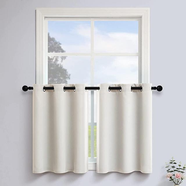 Boho Ivory Beige Short Curtains 24 Inch Length for Nursery Infant Room Blackout Grommet Small Curtain Tiers RV Curtains for Camper Bathroom 34 Wide by 24 Inches Long Off White 1 Pair