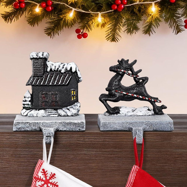 INNO STAGE Christmas Stocking Holders for Mantle Set of 2, Heavy Duty Cast lron Stocking Holder with Non-Slip Base, Reindeer Cottage Stocking Hooks, Stocking Hangers for Fireplace Shelf Table Decor