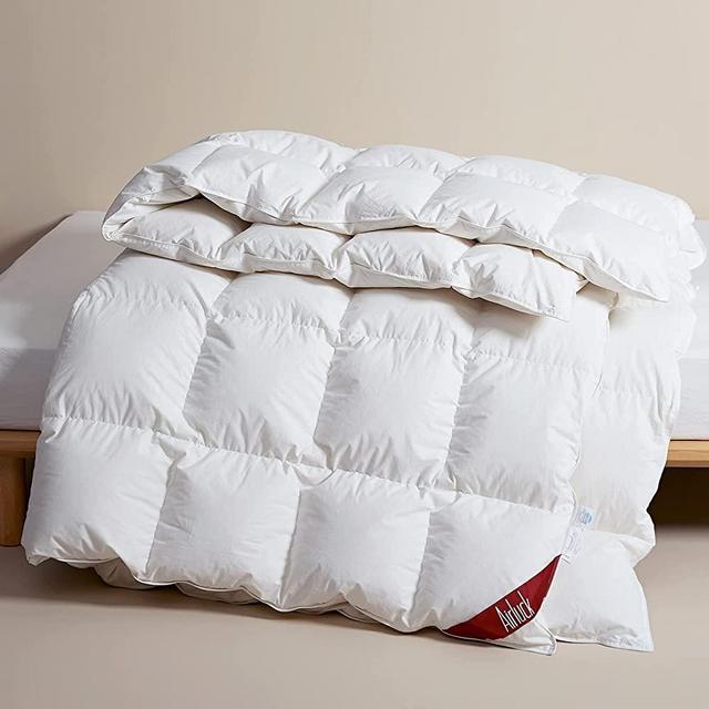 Airluck Luxury Feather Down Comforter Queen/Full Size, Medium Warm All Seasons Duvet Insert Filling with 50oz Greyduck Feather and Down,Ultra-Soft Down Proof Cotton Cover with Corner Tabs(Solid White)