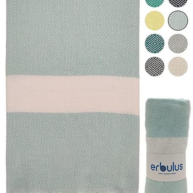 Erbulus Turkish Beach Towel (39" x 71") - 100% Cotton - Certified Free of Harmful Chemicals - Absorbent and Quick Dry - Yoga Blanket - Peshtemal Turkish Bath Towel for SPA, Pool, Gym (Aqua)