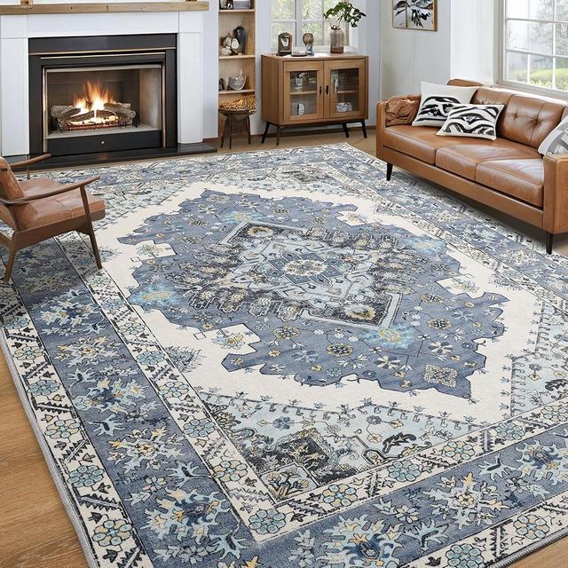Noahas Blue 8x10 Area Rugs for Living Room, Vintage Machine Washable Rug,Low Pile Print Large Rug with Rubber Backing Non-Slip Carpet for Bedroom,Kitchen,Dining Room,Home Office,Home Decor