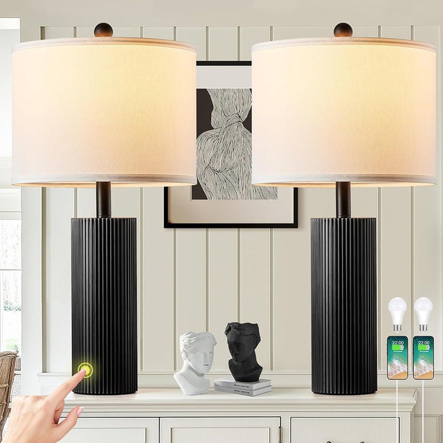 BZZMMB 24.5" Black Touch Lamps Set of 2, Modern Living Room Table Lamps with USB C+A Ports, 2 Bulbs Included, Table Light Fixture for Nightstand, Creative Stripe Bedside Lighting