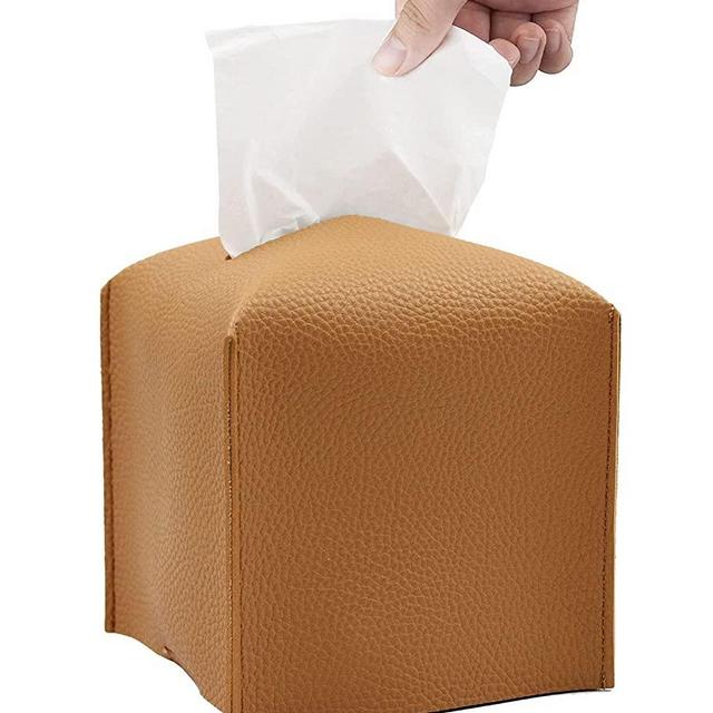 Tissue Box Cover Holder, Modern Decoration PU Leather Square Facial Tissues Case Roll Paper Dispenser for Bathroom Vanity Countertop, Night Stands, Car, Office Desk 5x5x5'' (Camel)