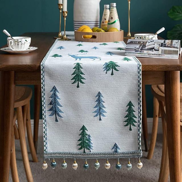 Christmas Trees Table Runner with Reindeer, Seasonal Christmas Decorations Table Decor for Home Kitchen Dining Holiday Outdoor Party Coffee 13 x 72 Inch