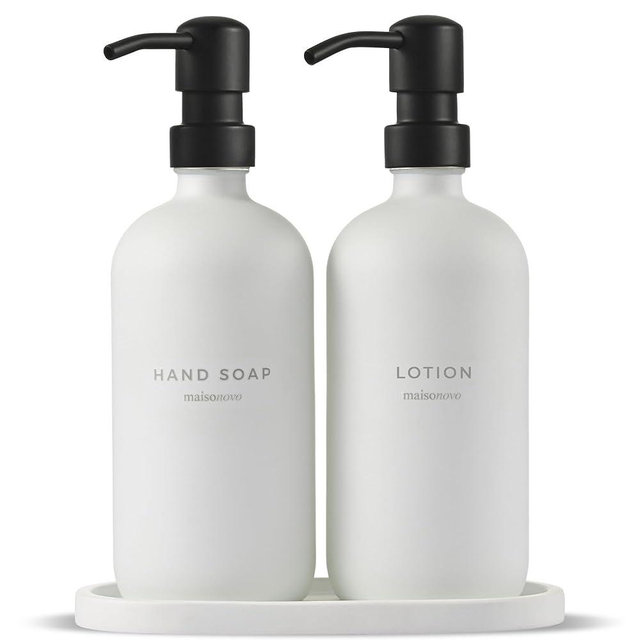 MaisoNovo Hand Soap and Lotion Dispenser Set | 16.9 fl oz White Hand Soap Dispenser Glass with Black Pump x 2 + Oval Concrete Tray