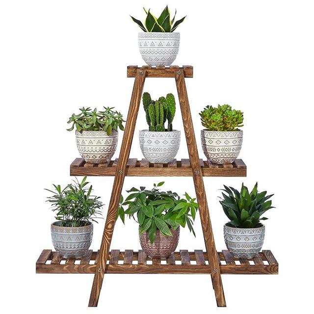 POTEY 3 Tier Wood Plant Stand, Ladder Plant Stand Tiered Plant Shelf for Multiple Plants, Indoor & Outdoor Flower Pots Brown