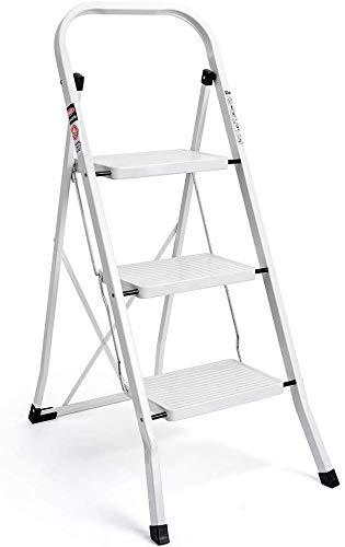 Delxo 3 Step Ladder Folding Step Stool Ladder with Handgrip Anti-Slip Sturdy and Wide Pedal Multi-Use for Household and Office Portable Step Stool Steel 300lbs White (3 feet)