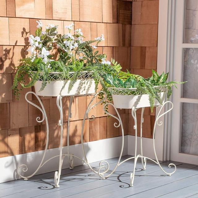 Safavieh PAT5026A Outdoor Collection Hendrick Pearl White Scroll Iron Patio Garden Planter