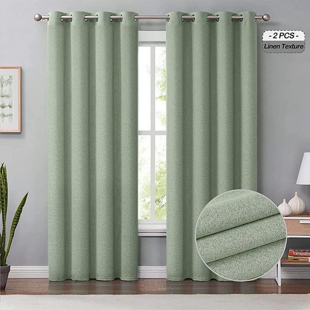 Melodieux Green Linen Blackout Curtains 84 Inches Long for Bedroom, Living Room Rustic Burlap Thermal Insulated Room Darkening Grommet Drapes, 50 x 84 Inch, 2 Panels