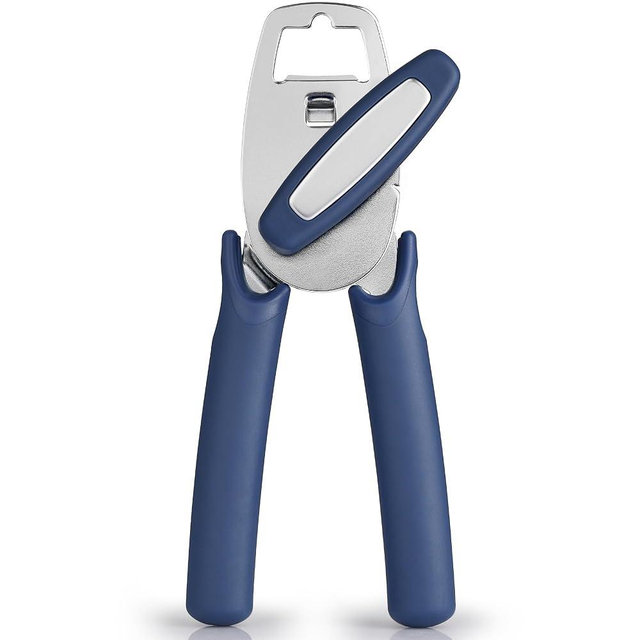 Zulay Kitchen Heavy Duty Stainless Steel Manual Can Opener – Ergonomic Soft Grip Handles, Smooth Edge Cutting Wheel & Large Built In Bottle Opener – Easy Turn Knob for Effortless Use - Blue