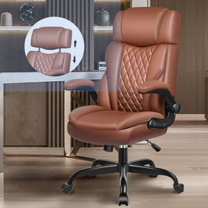 Office Chair Flip Up Arms, Executive Leather Office Chair Ergonomic Desk Chair with Lumbar Support, Adjustable Headrest, Computer Chair Home Office Desk Chair with Rocking Function