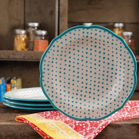 The Pioneer Woman Retro Dot Teal 10.5" Dinner Plate Set, Set of 4