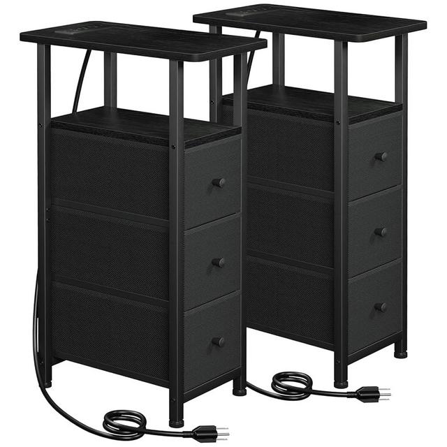 LOAKEKEL Narrow End Tables Living Room Set of 2 with Charging Station, Skinny Side Table with Fabric Drawers, Slim Nightstand for Bedroom, Small Spaces, Couch, Black, HETNDP03BK