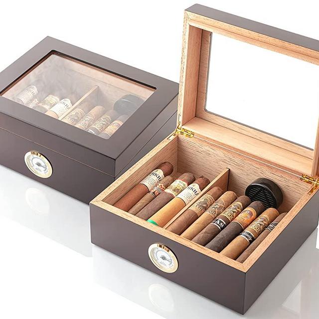 GlassTop Handcrafted Cigar Humidor (25-50 Cigars) - Cigar Gifts for Men, Fathers Day - Cigar Accessories - Cherry Wood Humidor Cigar Box for Cuban Cigars - Humidor Humidifier with Front Hygrometer