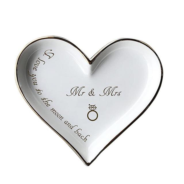Ring Dish Mr and Mrs I Love You to the Moon and Back Heart Golden Ceramic