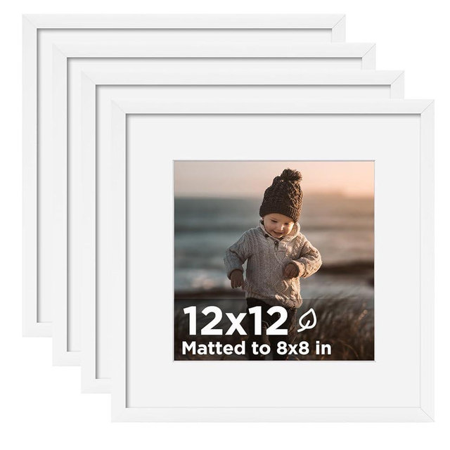 KINLINK 12x12 Picture Frame White Set of 4, Wooden Square Photo Frames Matted 8x8 with Plexiglass for 8x8 with Mat or 12x12 without Mat for Table and Wall Display