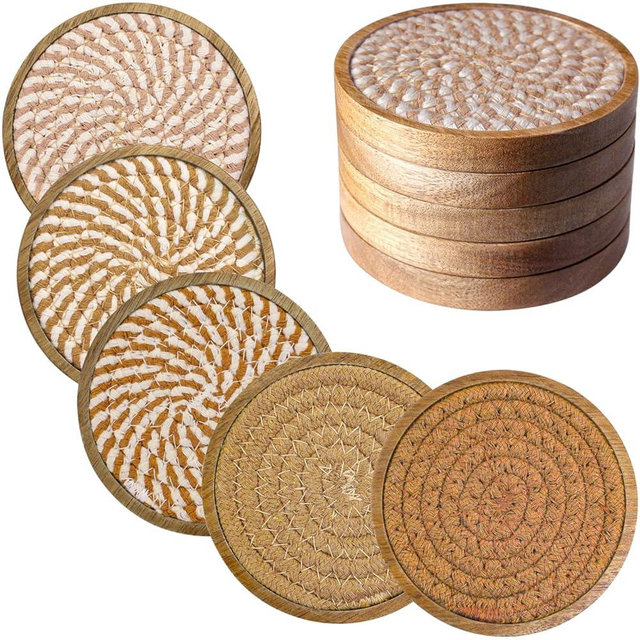 Eykao 5 Pack Coasters for Drinks Absorbent, 4.3 inches Cork Coasters for Coffee Tables, Wooden Drink Coasters for Table Protection, Cute Coasters for Kitchen, Farmhouse, Bar, and Office (Brown Series)