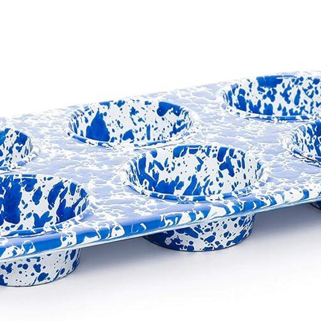 Crow Canyon Home Enamelware Muffin Tin, Blue/White Splatter