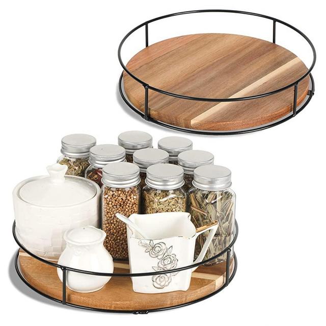 [ 2 Pack ] 11" & 12" Acacia Wood Lazy Susan Organizers with Steel Sides, Lazy Susan Turntable for Cabinet, Kitchen Turntable Storage for Table, Countertop, Pantry