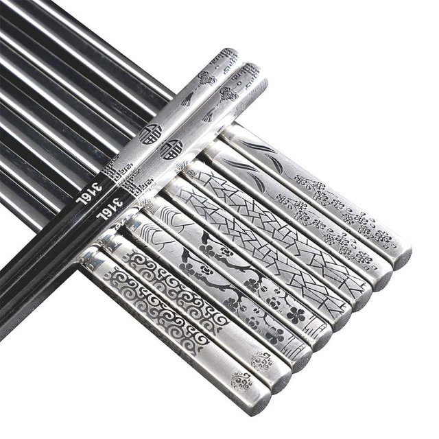 5 Pairs Metal Chopsticks, 316 18/10 Stainless Steel Chopsticks with Pattern, Reusable Dishwasher Safe, Non Slip Chopstick ,Chopstick Set for Home Restaurant