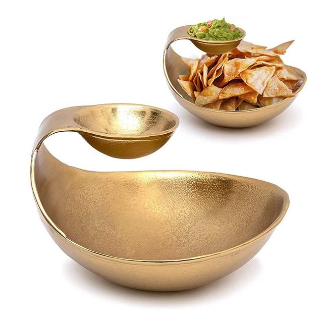 Chip and Dip Serving Bowl Gold Brass Tiered Snack, Candy & Salad Bowl by Gute - Decorative Centerpiece Serving Platter for Nuts, Chip and Dip, Salsas, Food Tray, Serveware Home Decor Gift Entertaining