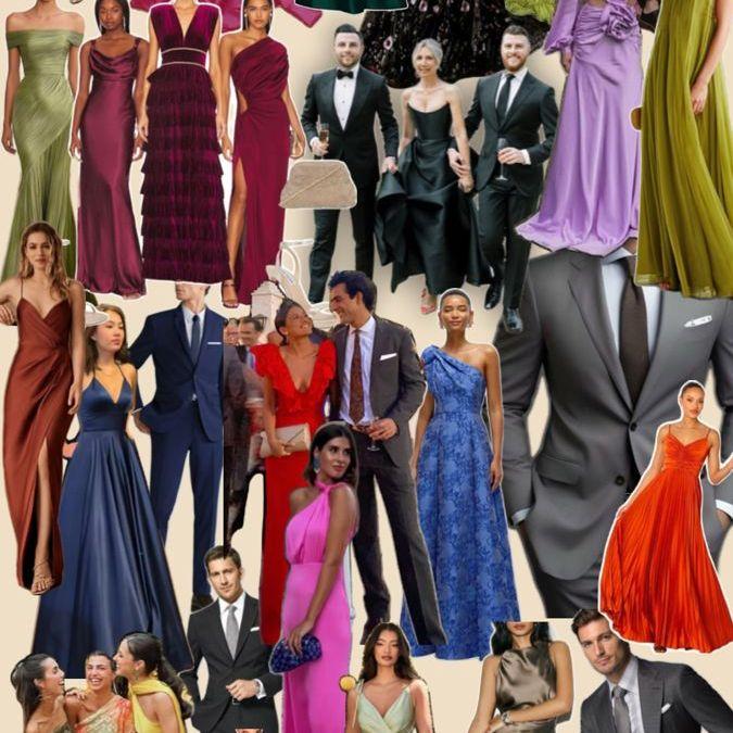 Wedding Attire Inspo: A mix of bold, dressed-up looks. Long gowns, elevated fabrics, and classic vibes.