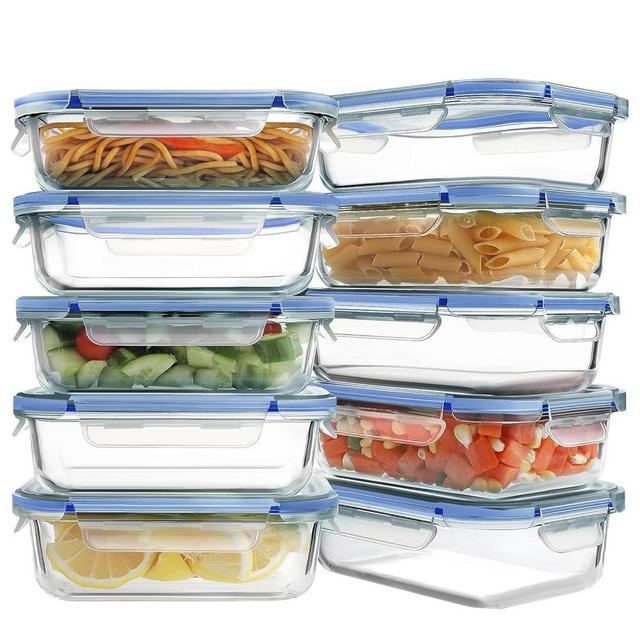 HOMBERKING 10 Pack Glass Meal Prep Containers, Glass Food Storage Containers with Lids, Airtight Glass Lunch Bento Boxes, BPA-Free & Leak Proof (10 lids & 10 Containers) - Deep Blue