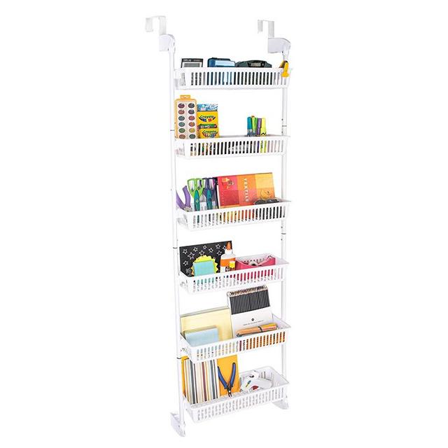 Smart Design Over The Door Pantry Organizer Rack w/ 6 Baskets - Steel & Resin Construction w/Hooks - Cans, Food, Misc. Item - Kitchen (18.5 x 63.2 Inch) [White]