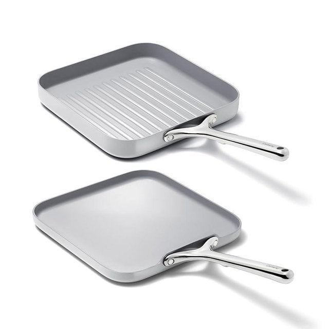 Caraway Griddle Pan & Grill Pan Duo - Non-Stick Ceramic Coated - Non Toxic, PTFE & PFOA Free - Oven Safe & Compatible with All Stovetops – Gray