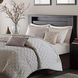 Set includes: queen comforter (90" x 90"), queen bedskirt (60" x 80" + 15"), two standard shams (20" x 26") and three decorative pillows (12" x 18", 16" x 16", 18" x 18")