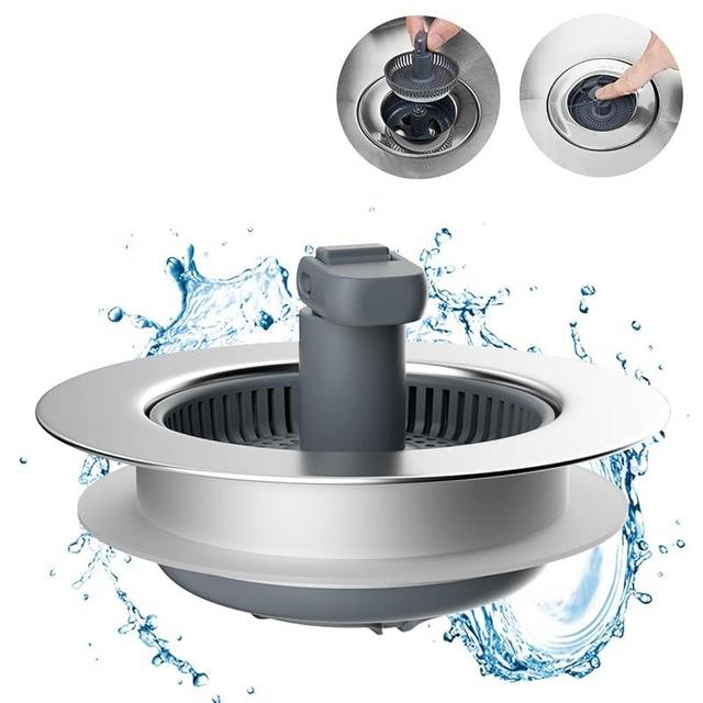 Hibbent 3 in 1 Kitchen Sink Drain Strainer and Stopper Combo, Chrome Stainless Steel Wraped Shell, Anti-Clogging Basket Strainer with Foldable Handle for US Standard 3-1/2" Drain