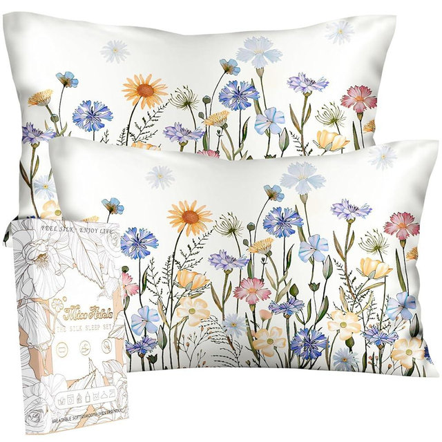 Miss Adola 2 Pack Silk Pillowcase - Queen Size 20 x 30 Inch Silky Pillow Case for Hair and Skin Soft Cute Aesthetic Bed Sleeping Pillow Cover with Zipper for Women, Colorful Flower