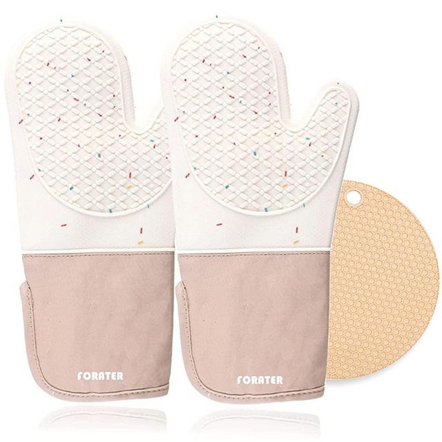 Long Silicone Oven Mitts and Pot Holder Set, 13.2'' Heat Resistant Flexible Oven Glove Set Hot Mitts with Soft Cotton Lining for Cooking, Baking, and Grilling (Milky White)