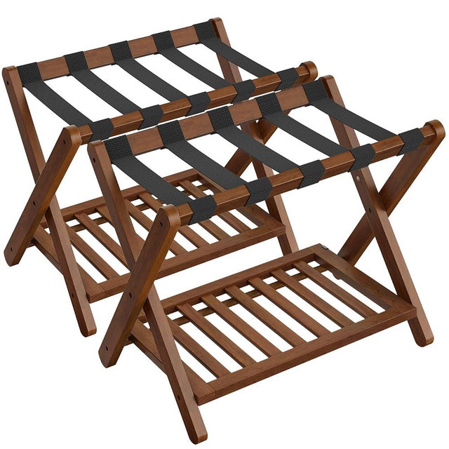 SONGMICS Solid Wood Luggage Racks, Set of 2, No Assembly Required, Foldable Suitcase Stand, Luggage Holder, with Storage Shelf, for Guest Room, Hotel, Bedroom, Coffee Brown URLR021K01