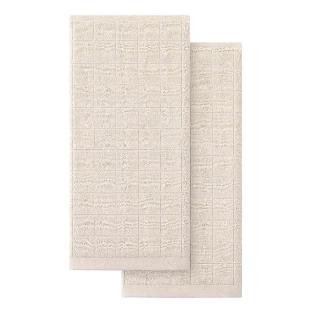 Homaxy 100% Cotton Terry Kitchen Towels(Beige, 13 x 28 inches), Checkered Designed, Soft and Super Absorbent Dish Towels, 2 Pack