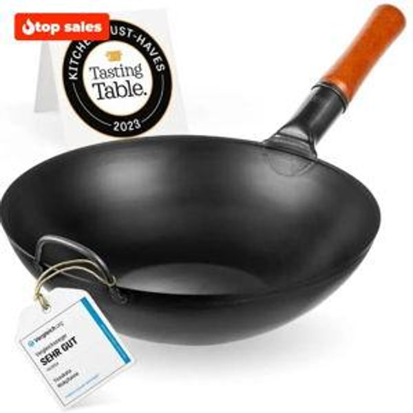 13,5-inch Pre-Seasoned Black Carbon Steel Wok Flat Bottomed