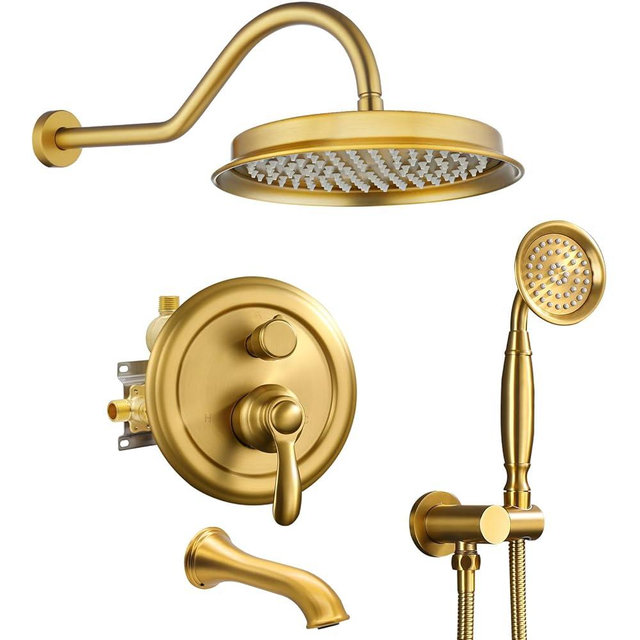 Homekicen Brushed-Gold Antique Shower-system with Tub Spout: 9 inch Rain Faucets Set in Wall, Rainfall Head and Handheld Spray, 3 Way Diverter Brass Valve with Trim Kit