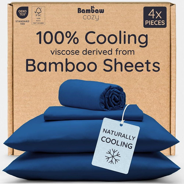 Bambaw 100% Viscose Derived from Bamboo Sheets Deep Pockets Queen Size Set – 4pcs Soft Bedding, Fits Up to 16'' with Elastic Corner Straps, Queen Size Cooling Sheets (Navy Blue)