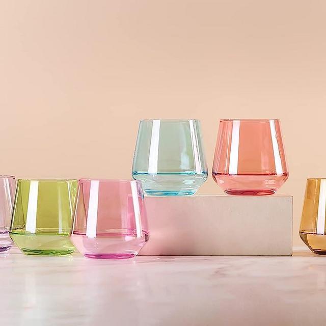 Physkoa Colored Stemless Wine Glasses Set of 6, Multi color Wine Glasses14oz,Diamond Shaped Cocktail Glass,Colorful Short Tumblers.Unique Drinkware for Wedding,Birthday,Housewarming,Party