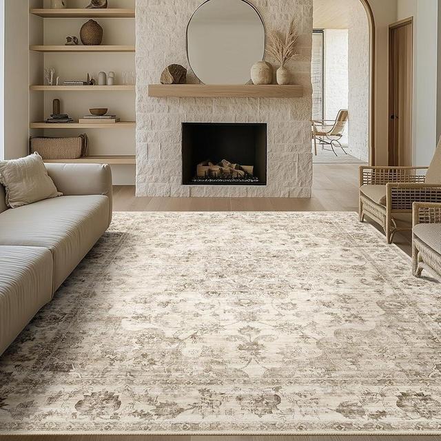 WondRg 8x10 Washable Neutral Area Rug Beige Floral Living Room Bedroom Large Carpet Non-Slip Low Pile Vintage Retro Soft Thin Throw Rug for Dining Room Office Kitchen Indoor Nursery