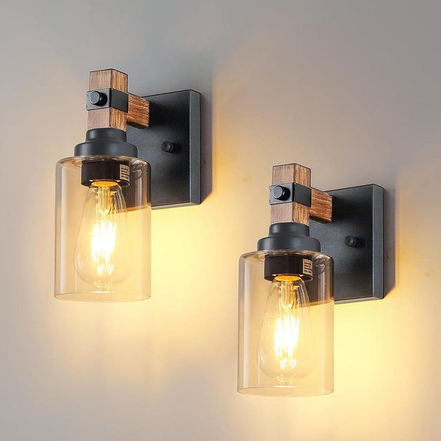 Floresita Farmhouse Wall Sconces 2-Pack, Wired Sconces Wall Lighting with Glass Shade, Decor Set of Two for Bedroom Bathroom Livingroom, Round-Wired