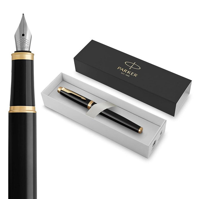 Parker IM Fountain Pen, Black Lacquer with Gold Trim, Fine Nib, Blue Ink Refill, Elegant Gift Box
